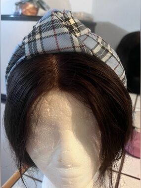 Jennifer Behr Plaid Knot Headband in Light Blue, Black and Red
